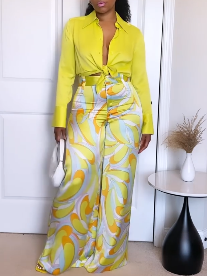 Women's Casual Yellow Shirt Two-piece Set