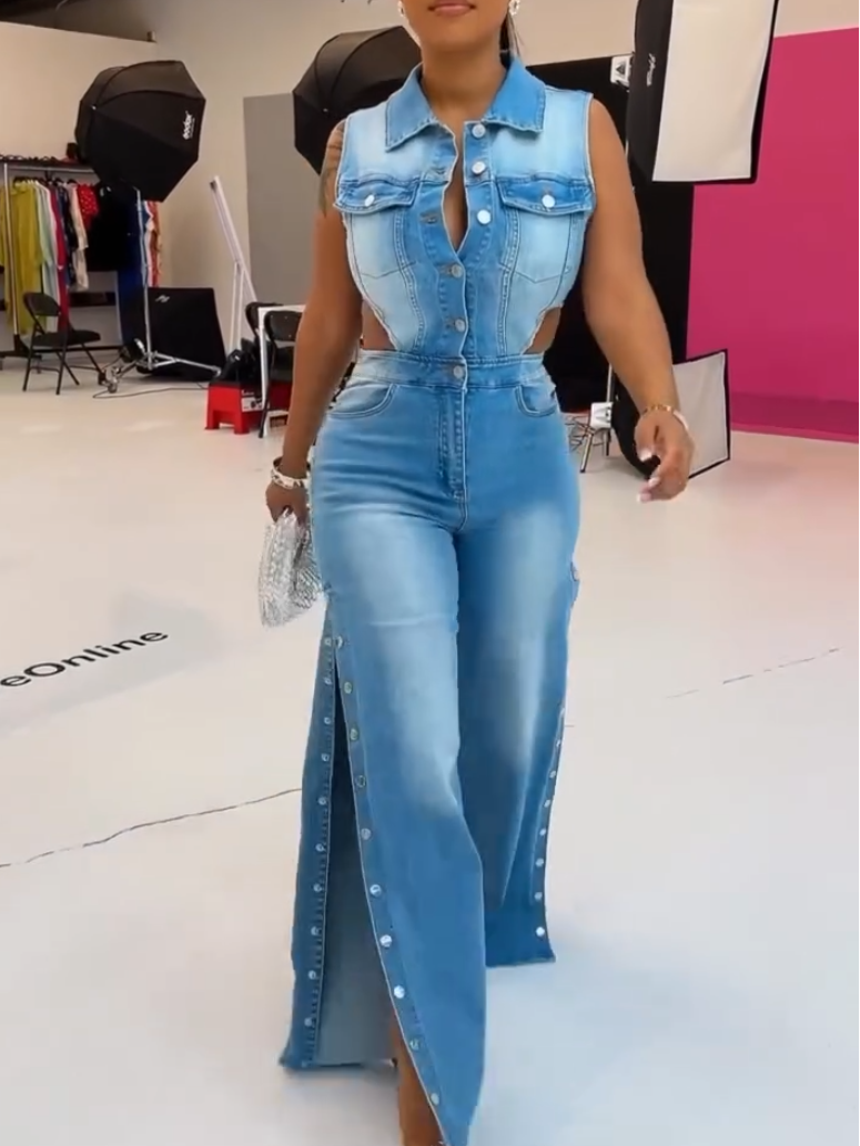 Shocking Denim Button Jumpsuit