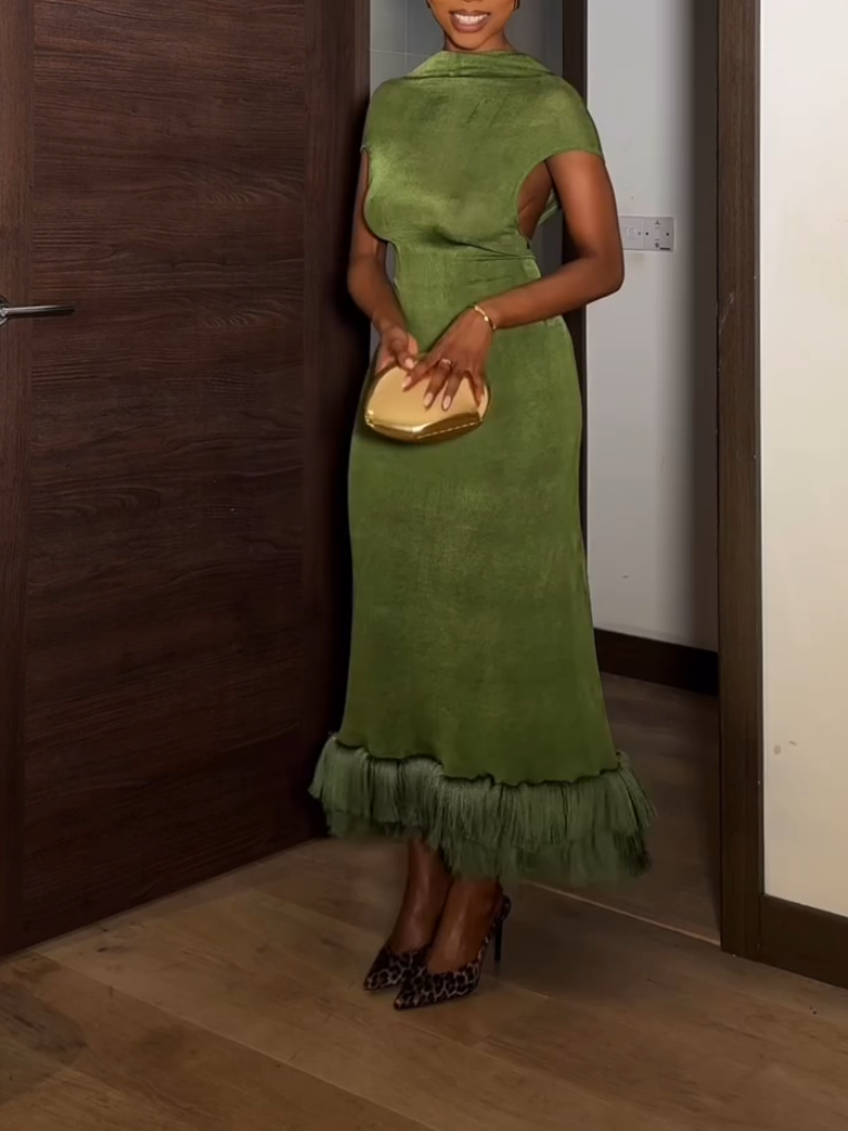 Green High Collar Backless Tassel Dress