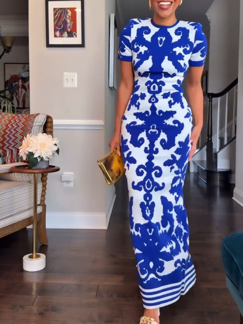 Elegant Blue Printed Skinny Dress