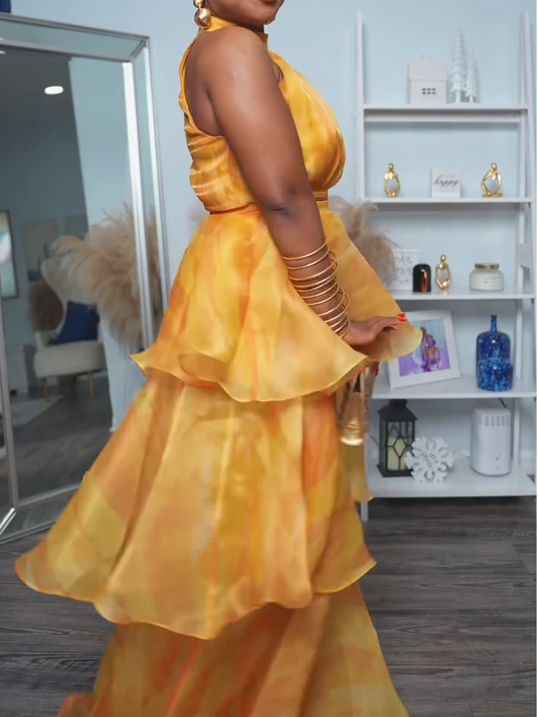 Stunning Yellow Cascading Ruffles Two-piece Set