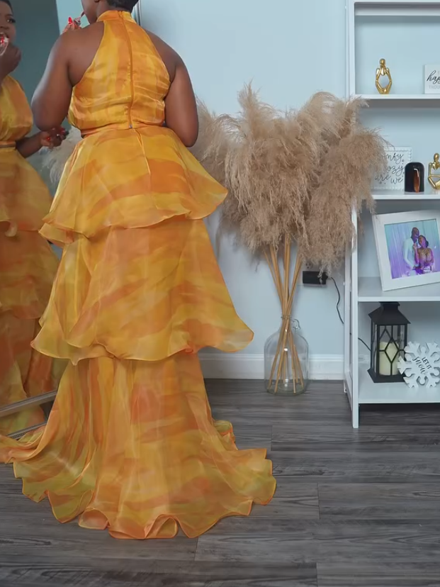 Stunning Yellow Cascading Ruffles Two-piece Set