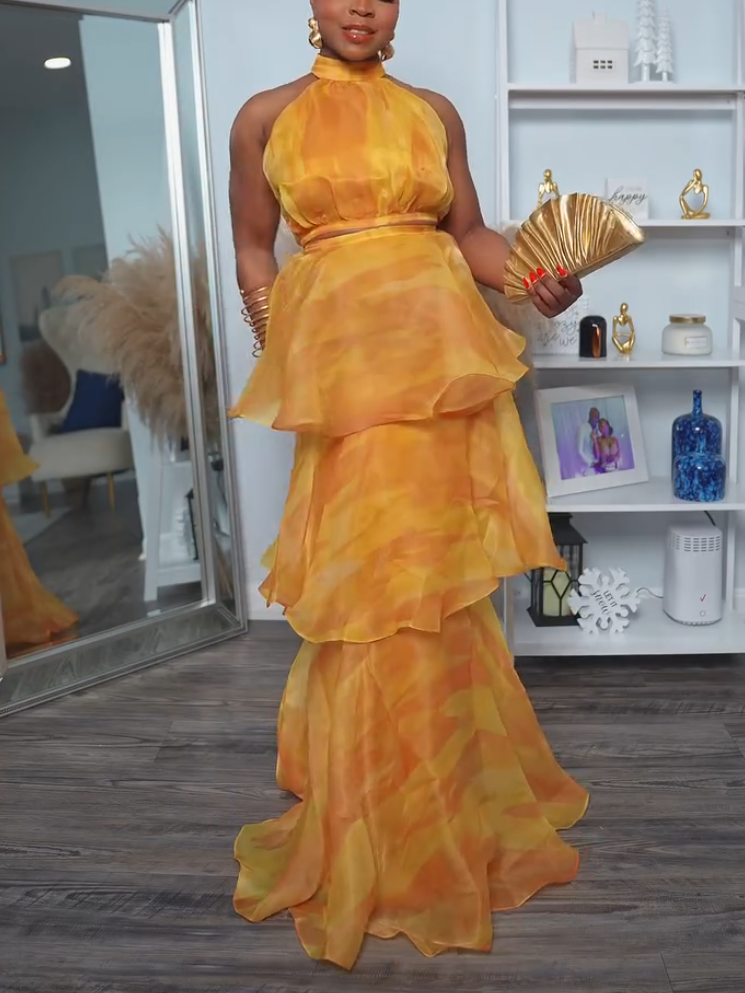 Stunning Yellow Cascading Ruffles Two-piece Set