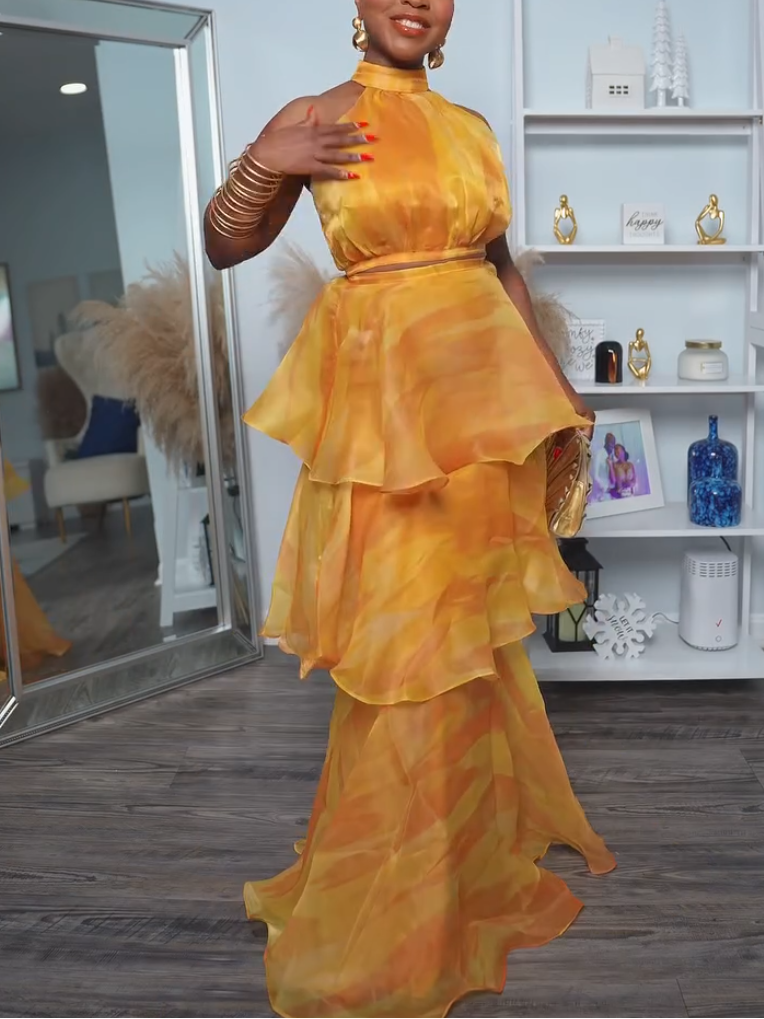 Stunning Yellow Cascading Ruffles Two-piece Set