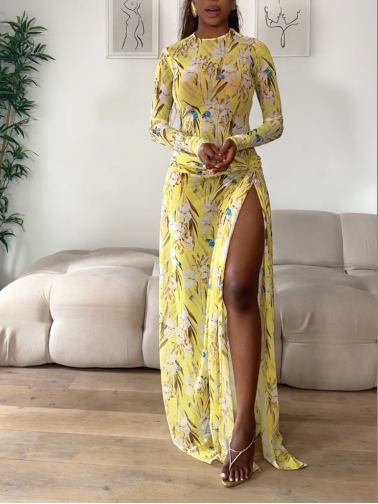 Stunning Yellow Long Sleeve Floral Print Dress