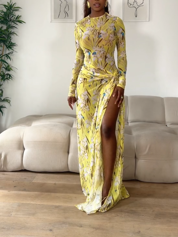 Stunning Yellow Long Sleeve Floral Print Dress