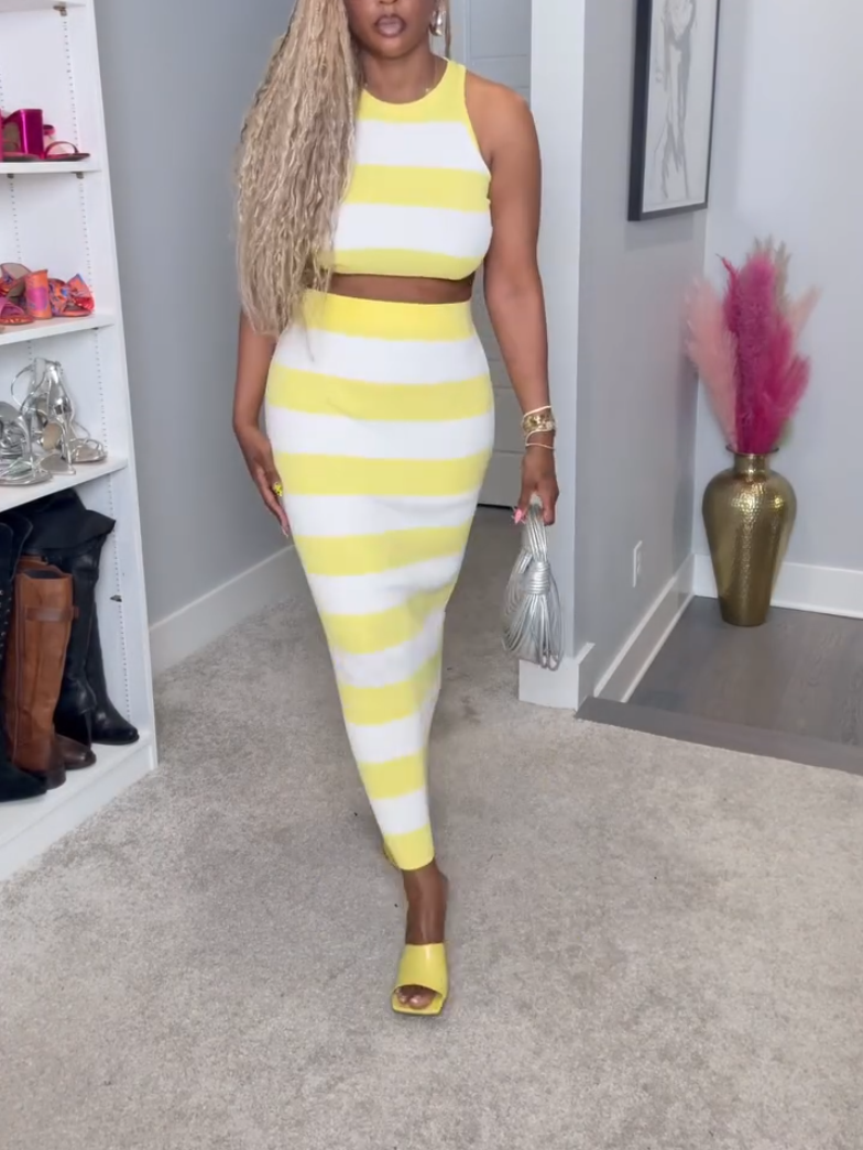 Casual Yellow Stripe Sleeveless Two-piece Set