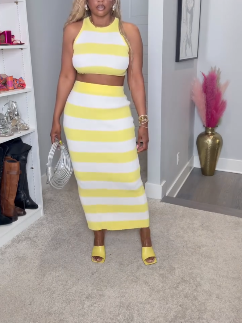 Casual Yellow Stripe Sleeveless Two-piece Set
