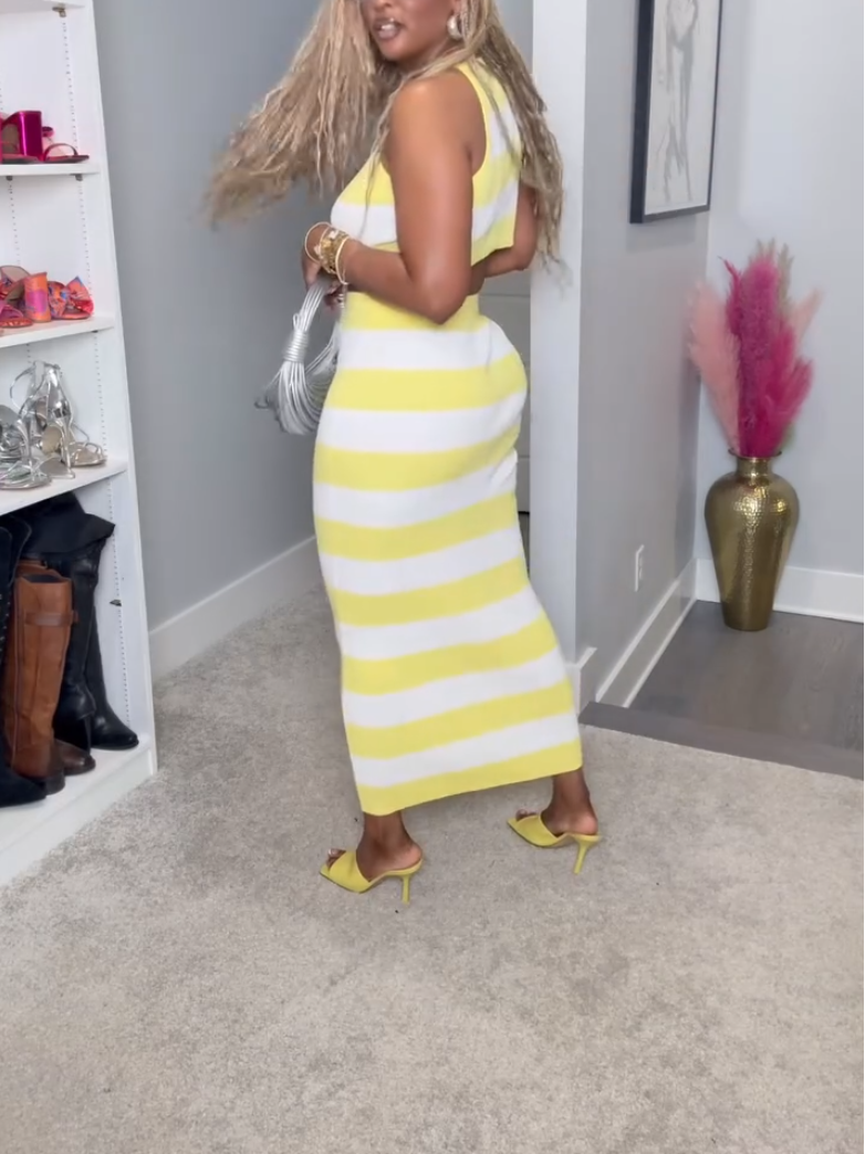Casual Yellow Stripe Sleeveless Two-piece Set