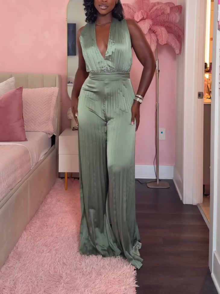 Elegant V-Neck Pleated Jumpsuit