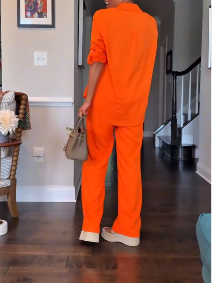 Casual Orange Shirt Two-piece Set