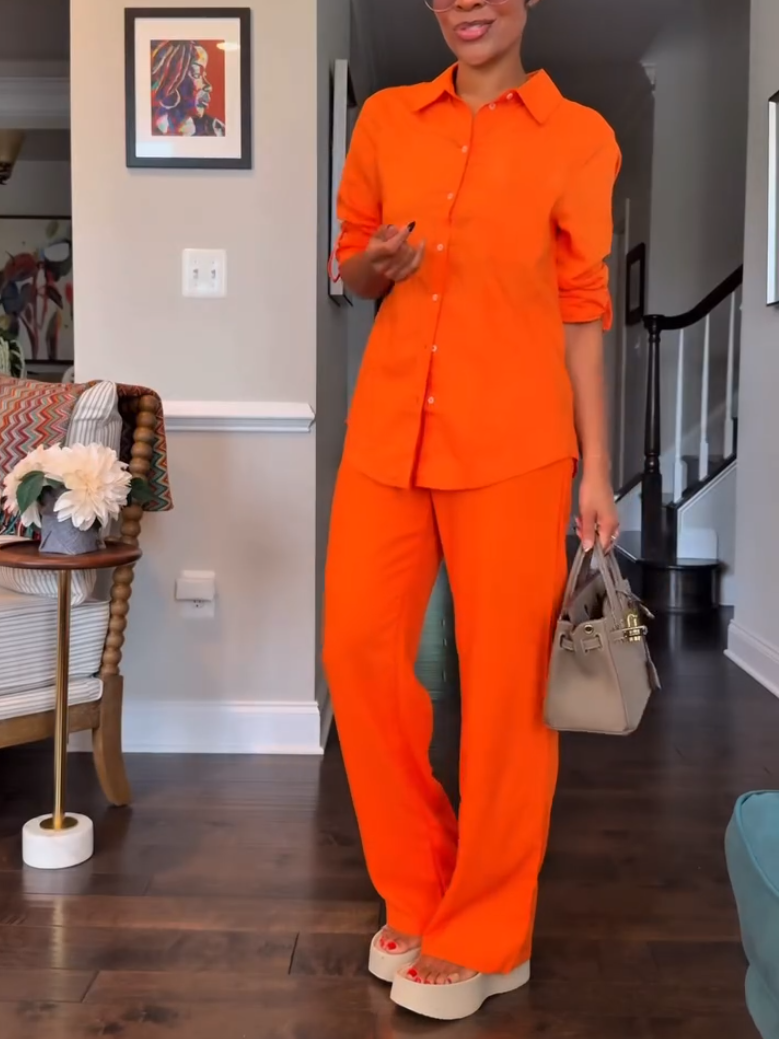 Casual Orange Shirt Two-piece Set