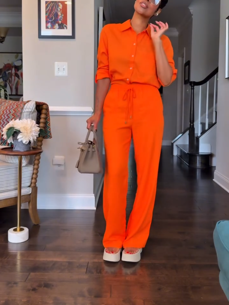 Casual Orange Shirt Two-piece Set