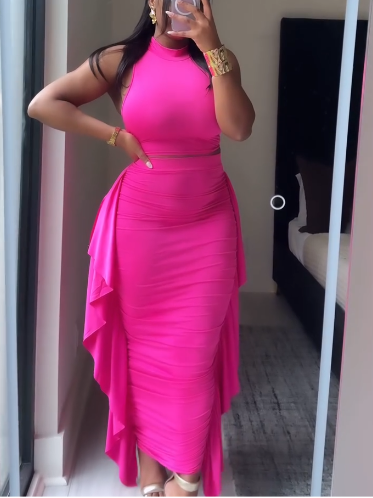 Elegant Sleeveless Ruffle Skirt Two-piece Set