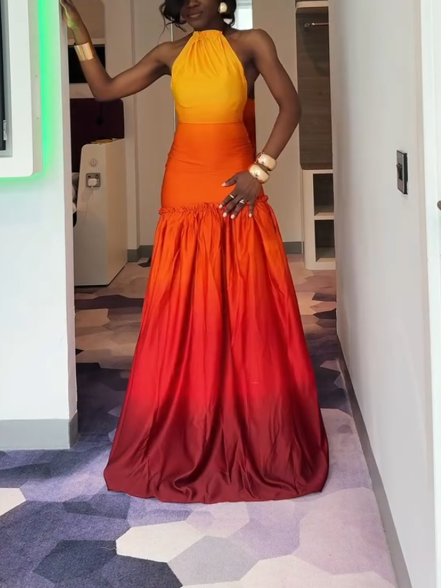 Elegant Orange Gradient Hanging Neck Maxi Dress