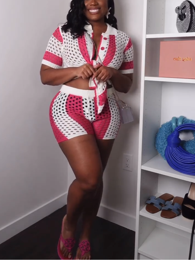 Casual Pink Print Cutout Two-Piece Set