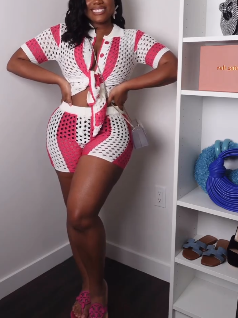 Casual Pink Print Cutout Two-Piece Set