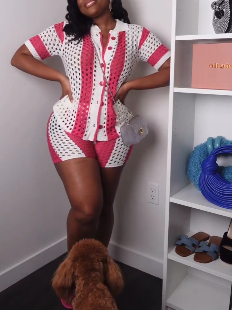 Casual Pink Print Cutout Two-Piece Set