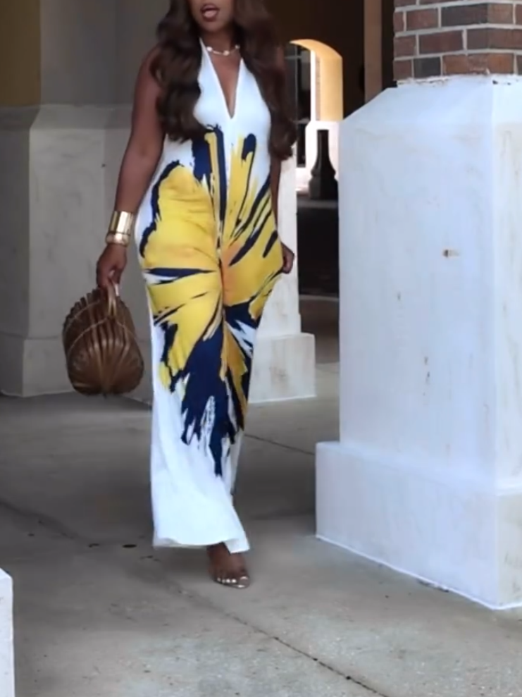 Elegant Yellow Floral-Print Jumpsuit