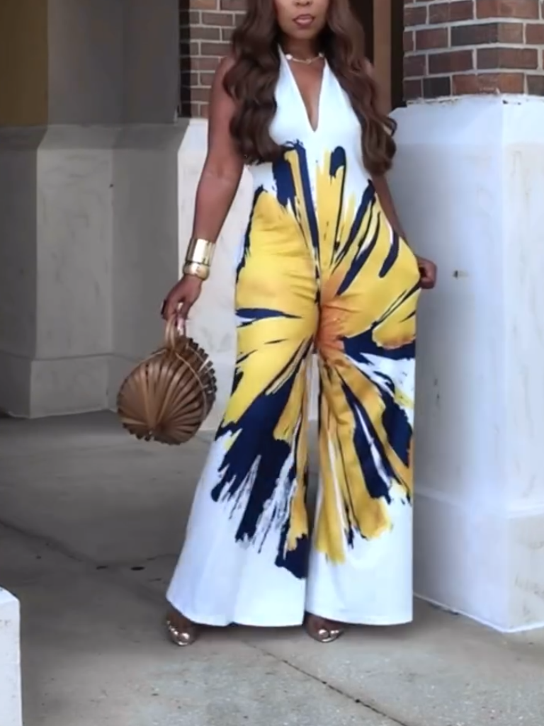 Elegant Yellow Floral-Print Jumpsuit