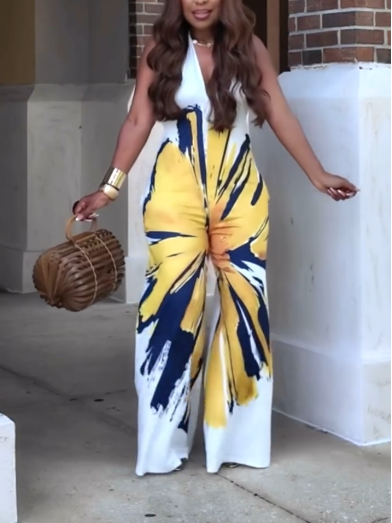 Elegant Yellow Floral-Print Jumpsuit