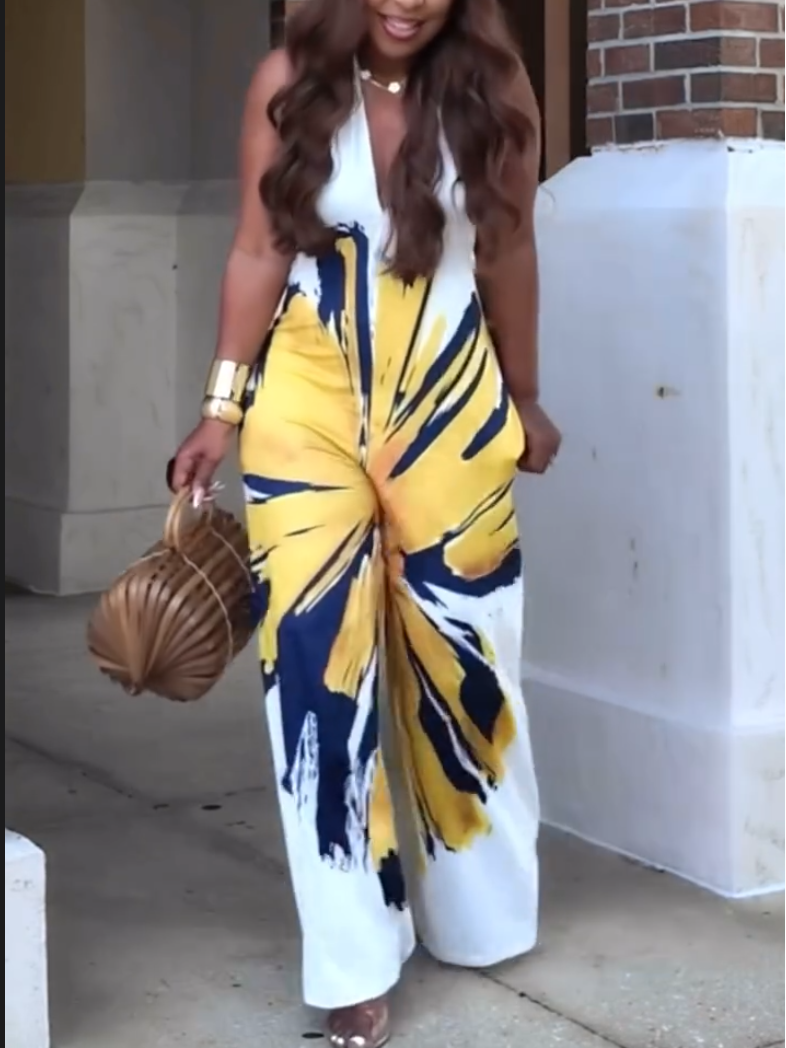 Elegant Yellow Floral-Print Jumpsuit