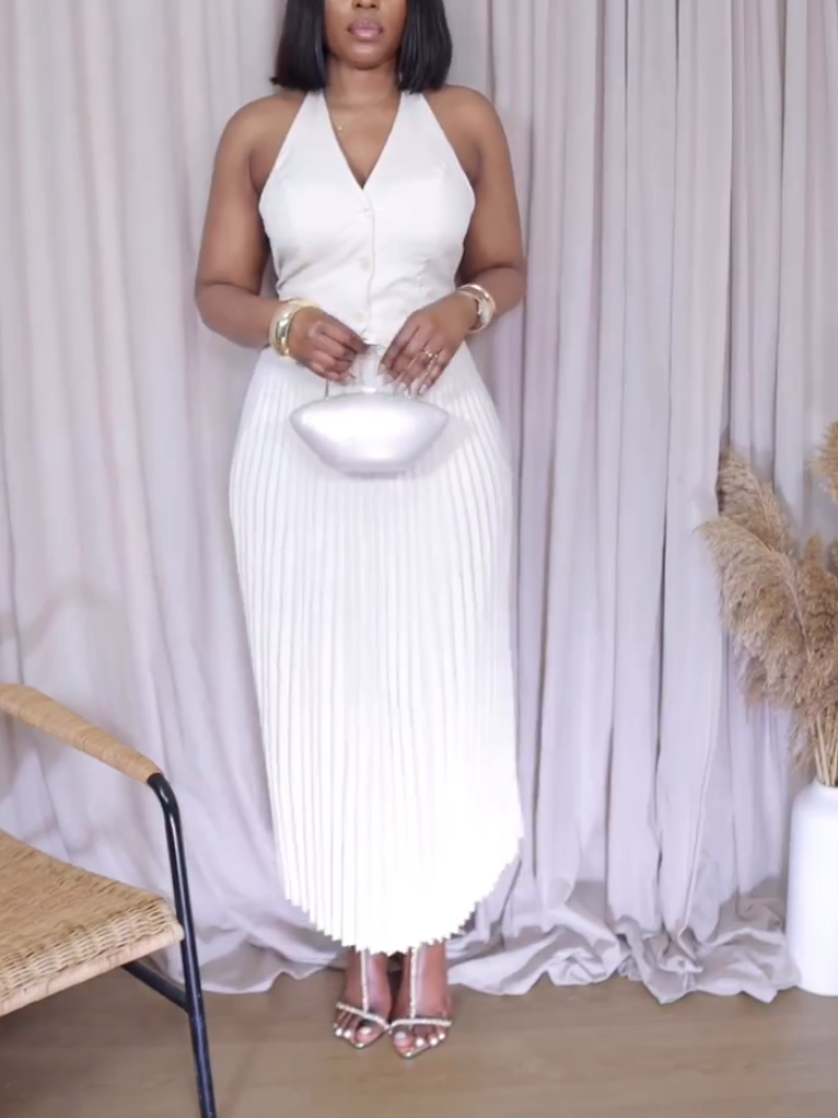 Elegant White Pleated Neck Two-Piece Set