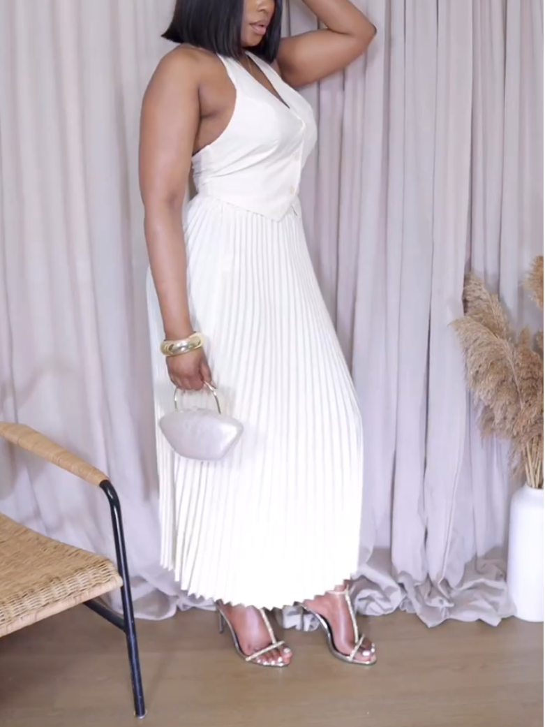 Elegant White Pleated Neck Two-Piece Set