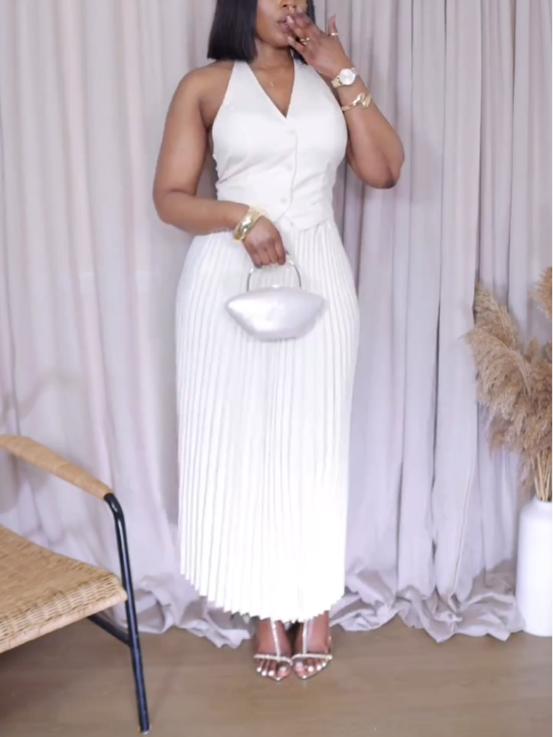 Elegant White Pleated Neck Two-Piece Set