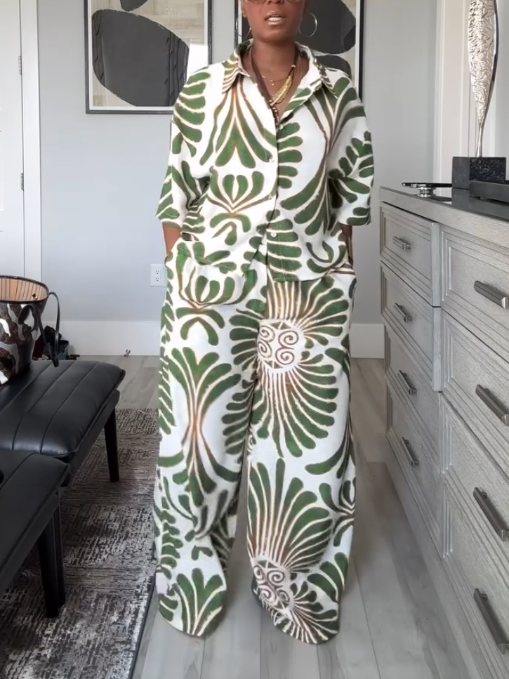 Casual Green Leaf Print Shirt Two-piece Set