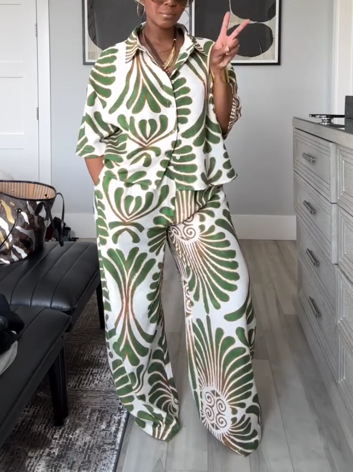 Casual Green Leaf Print Shirt Two-piece Set