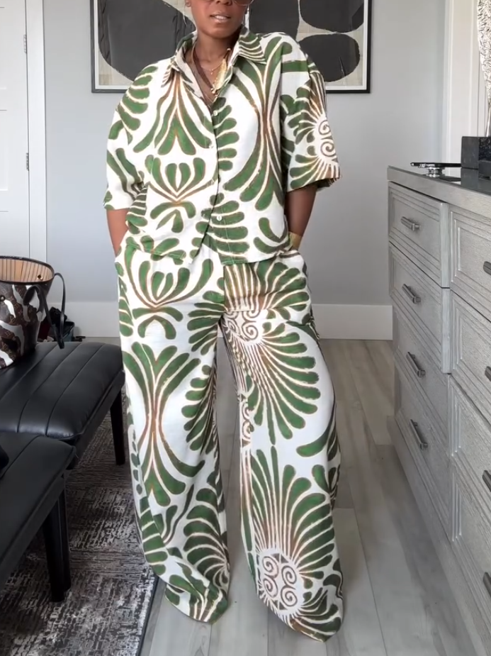 Casual Green Leaf Print Shirt Two-piece Set