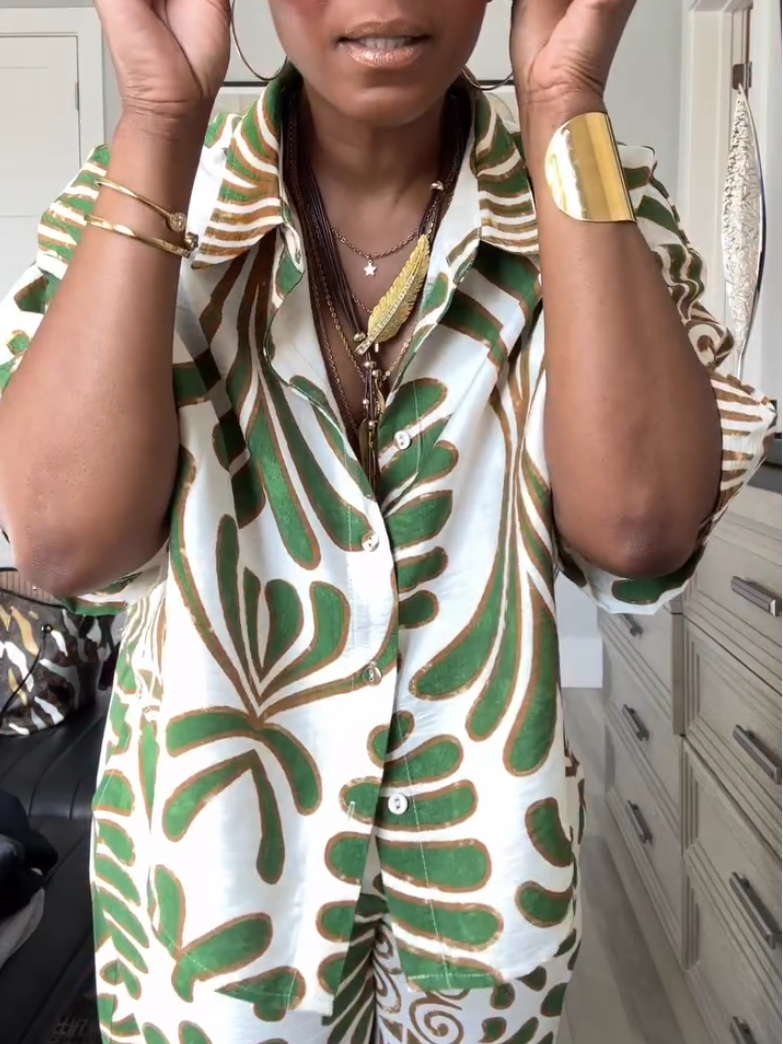 Casual Green Leaf Print Shirt Two-piece Set