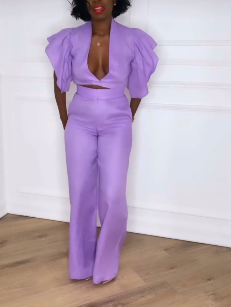Casual Purple Ruffle Two-Piece Set