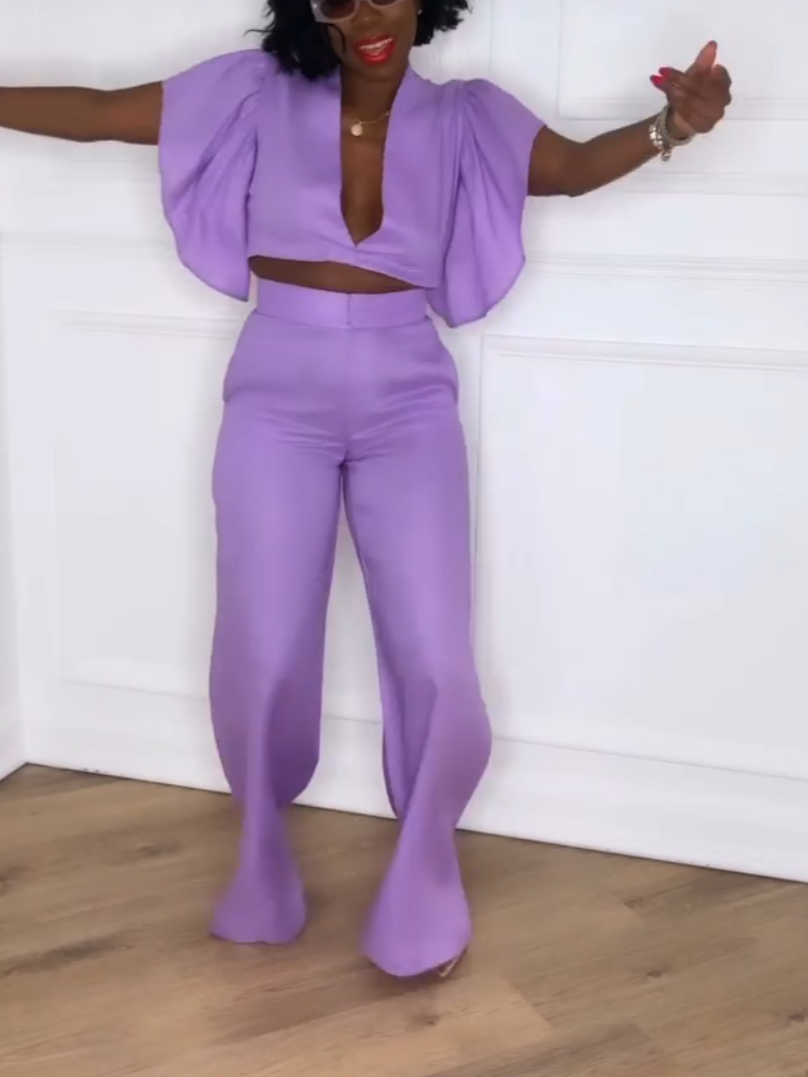 Casual Purple Ruffle Two-Piece Set