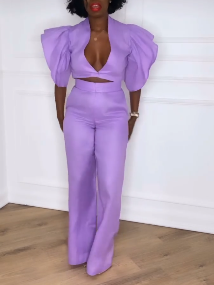 Casual Purple Ruffle Two-Piece Set