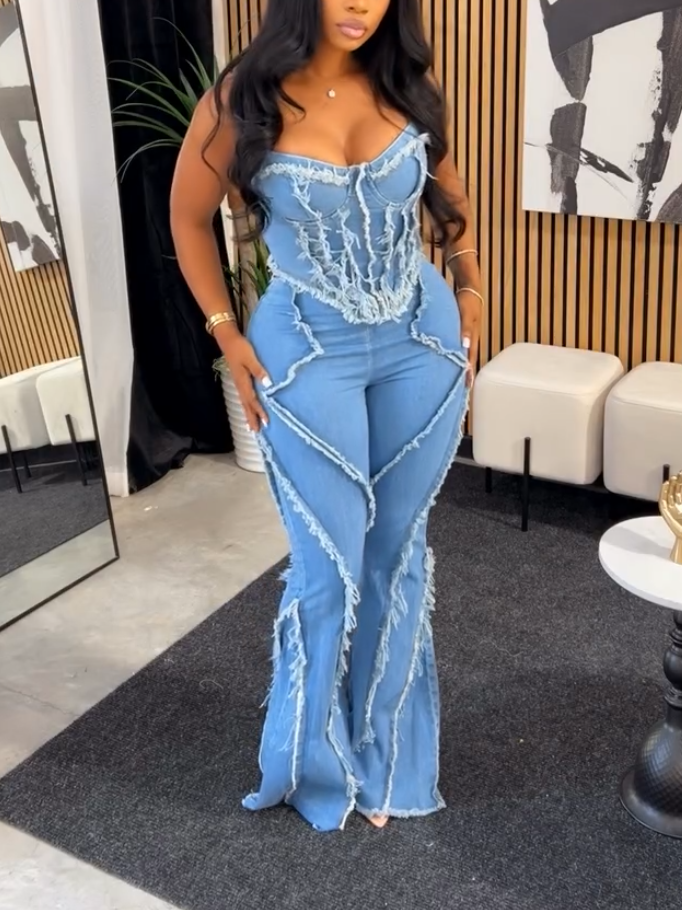 Sexy Fashion Denim Strap Top Two-piece Set