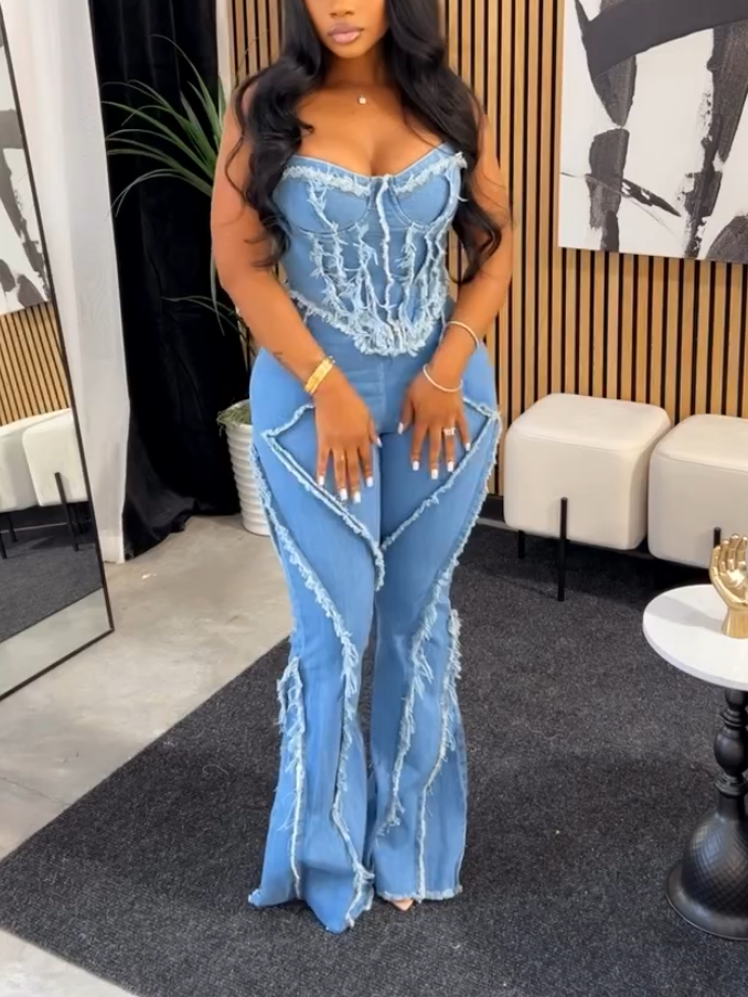 Sexy Fashion Denim Strap Top Two-piece Set