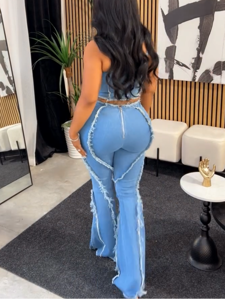 Sexy Fashion Denim Strap Top Two-piece Set