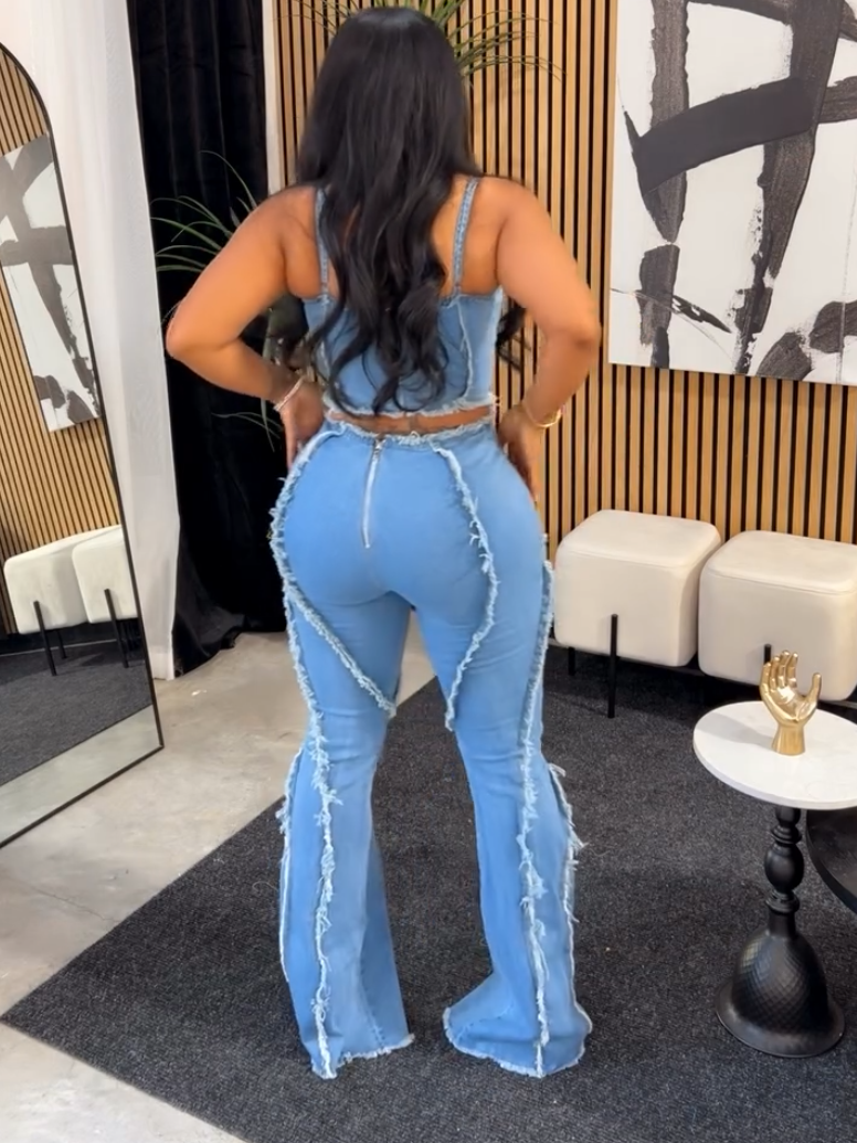 Sexy Fashion Denim Strap Top Two-piece Set