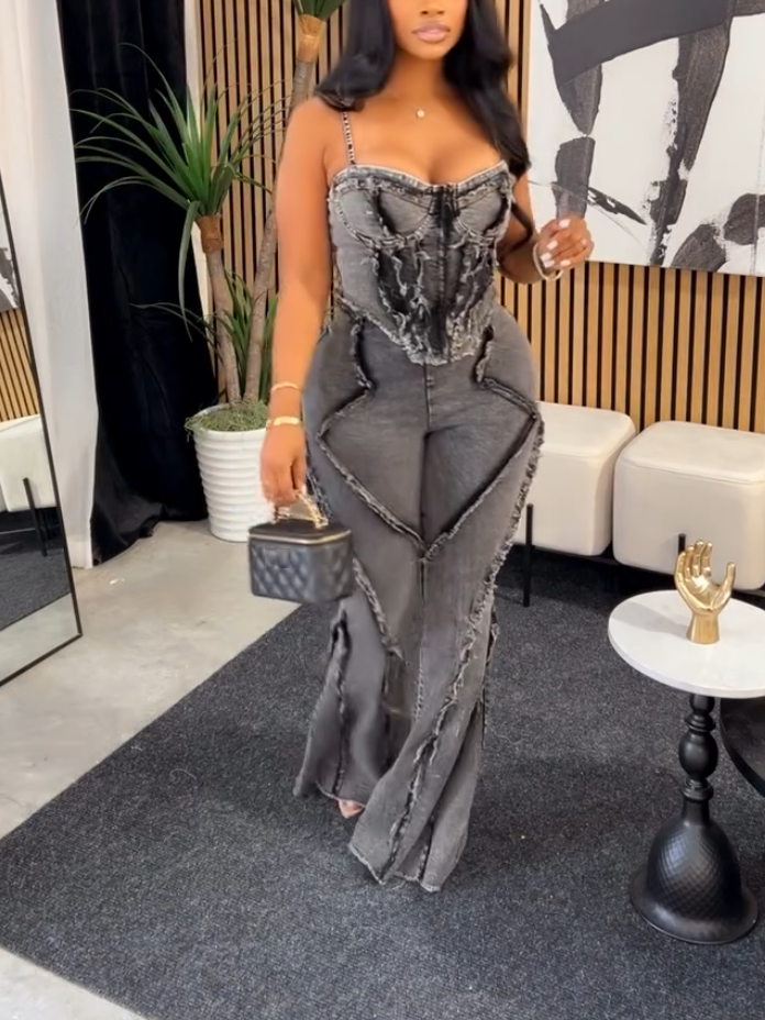 Sexy Fashion Denim Strap Top Two-piece Set