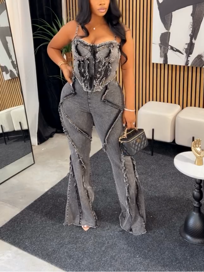 Sexy Fashion Denim Strap Top Two-piece Set