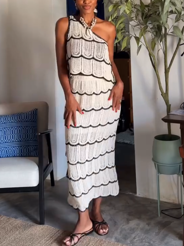 Elegant One-shoulder Knitted Openwork Two-piece Set
