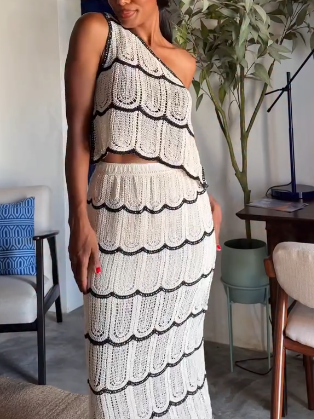 Elegant One-shoulder Knitted Openwork Two-piece Set