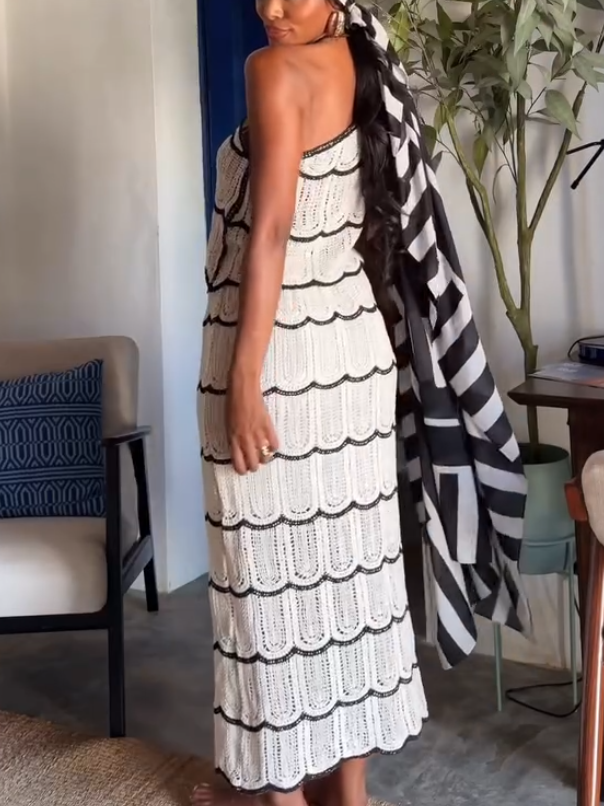 Elegant One-shoulder Knitted Openwork Two-piece Set