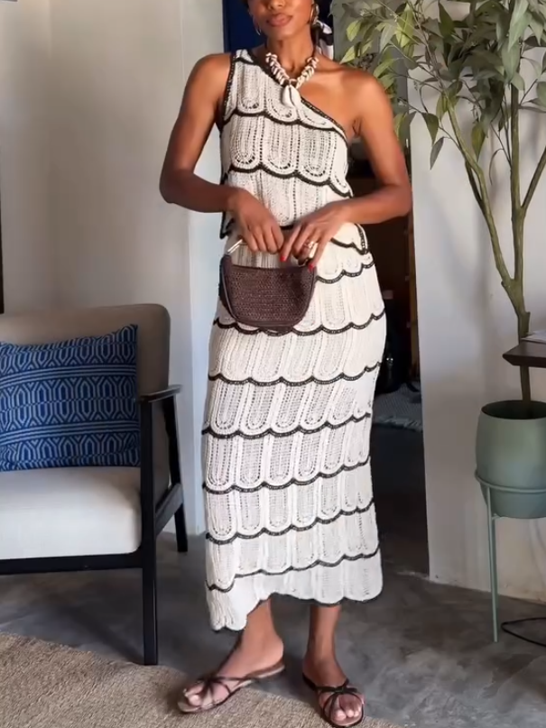 Elegant One-shoulder Knitted Openwork Two-piece Set