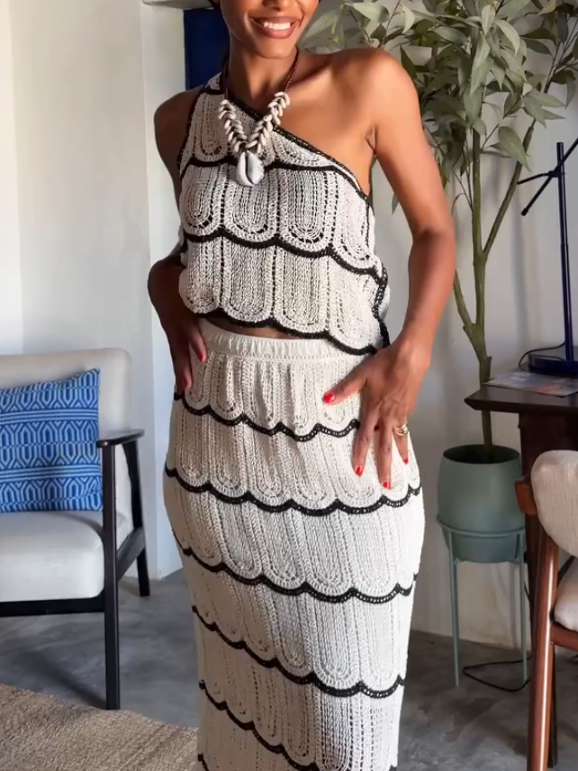 Elegant One-shoulder Knitted Openwork Two-piece Set