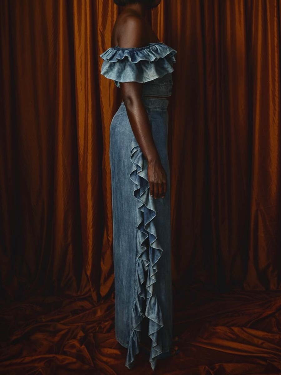 Elegant Denim Ruffled Off-the-shoulder Two-piece Set