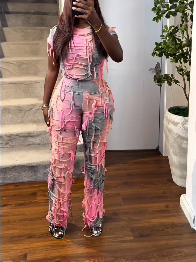 Stunning Pink Print Tassel Two-piece Set