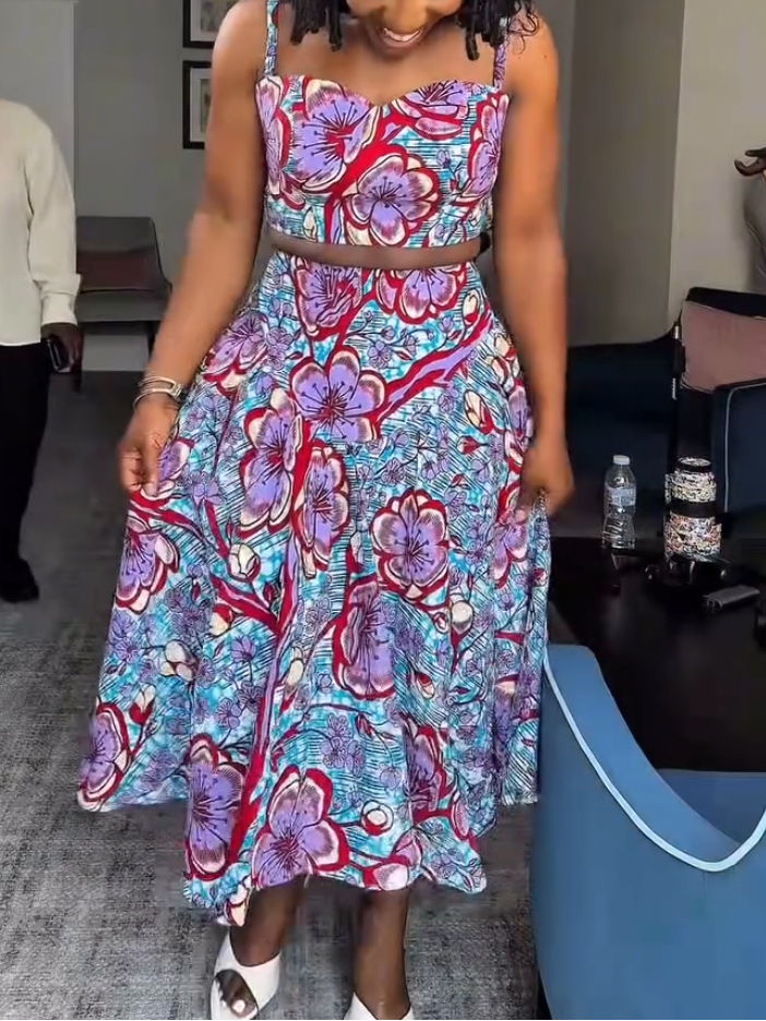 Elegant Purple Flower Print Sling Two-Piece Set